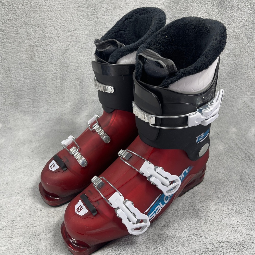 Salomon Ski Boots Kids 26-26.5 Red T3 Downhill Three Buckle Fleece Lined